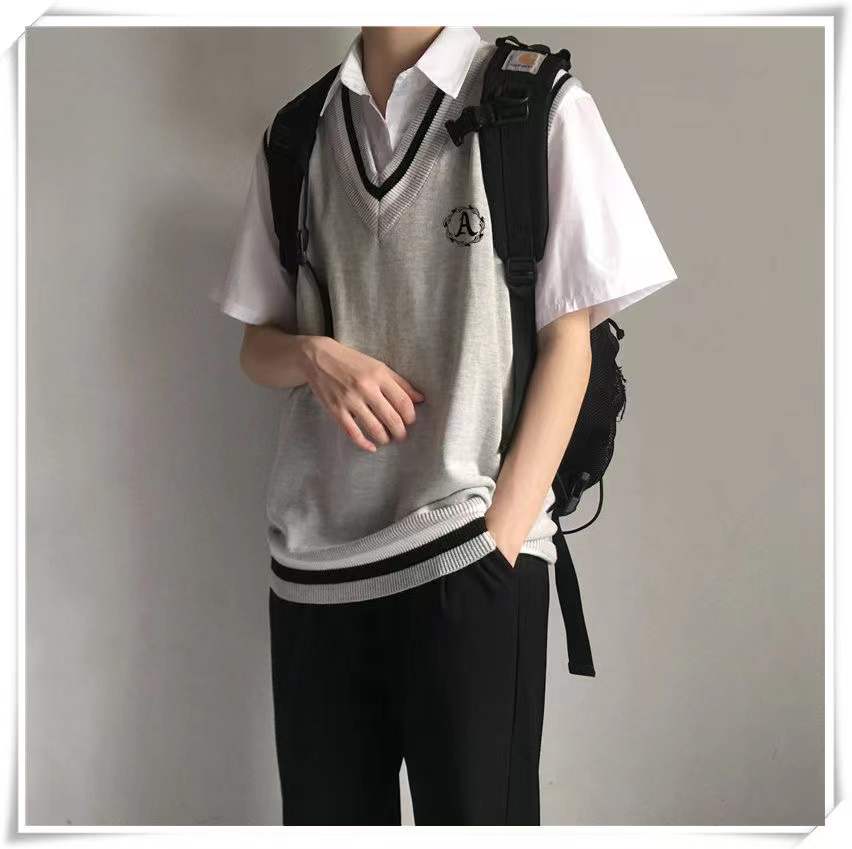 Bonsir Autumn College Style Sweater Vest Male Student Coats Korean Trend Knitting Sleeveless V-Neck 3 Color Pullover Unisex Clothes