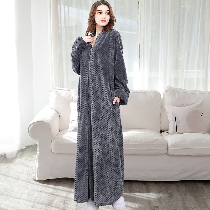 Bonsir Men Winter Plus Size Long Warm Coral Fleece Bathrobe Hooded Cozy Flannel Zipper Bath Robe Night Dressing Gown Women Sleepwear