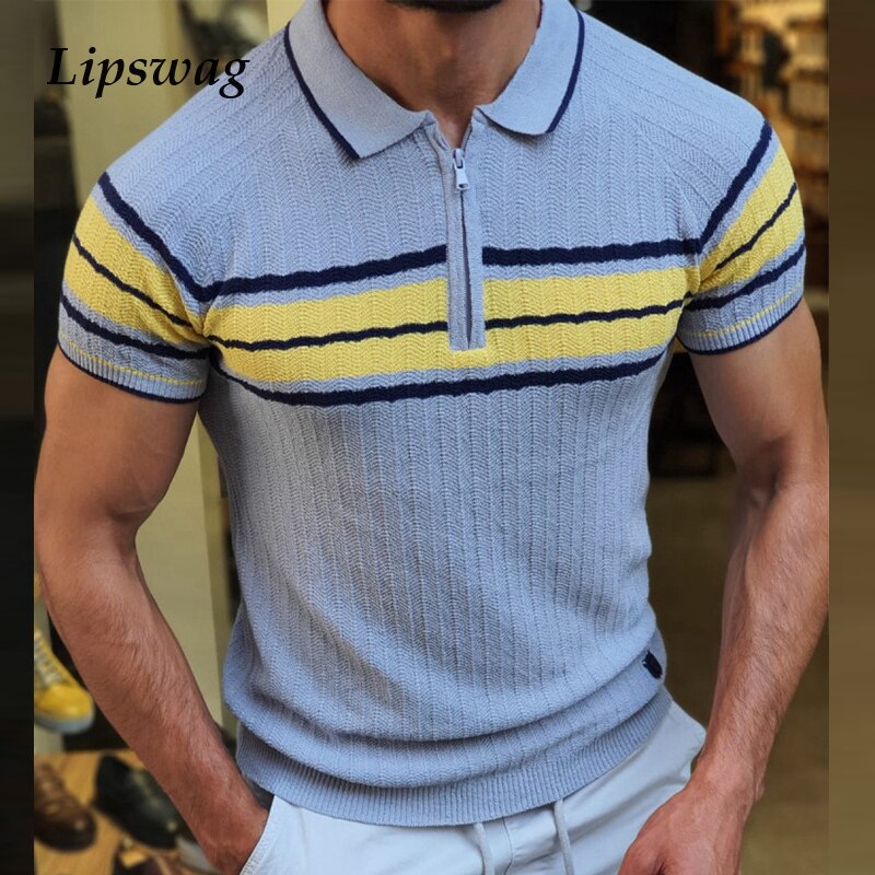 Bonsir Vintage Striped Print Mens Polo Shirt Summer Short Sleeve Knitted T Shirts Casual Turn-down Collar Zipper Tops For Men Clothing