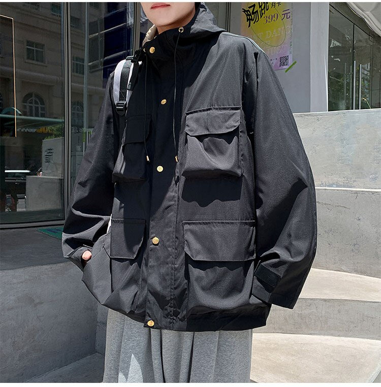 Bonsir Japan Style Muti-pockets Casual Jackets Autumn New Solid Color Cargo Jacket Men Top Quality Streetwear Jacket Oversized 3XL-M