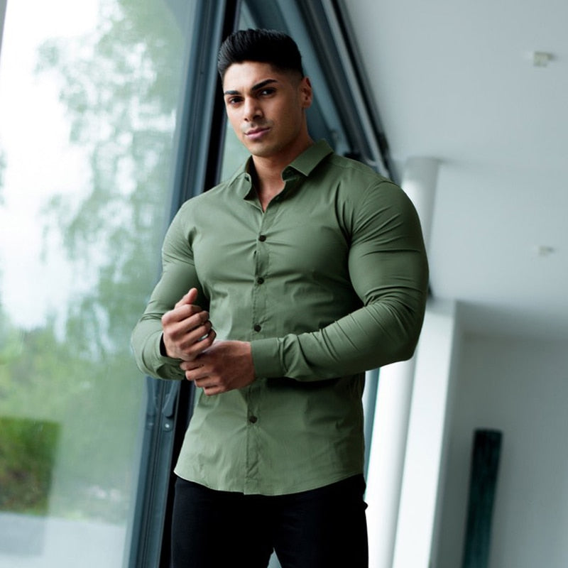 Bonsir  Men Fashion Casual long Sleeve Solid Shirt Super Slim Fit Male Social Business Dress Shirt Brand Men Fitness Sports Clothing