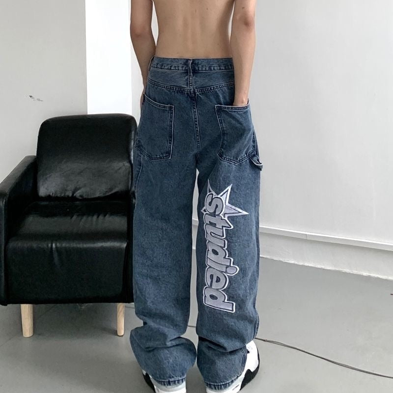 Bonsir Streetwear Y2k Jeans Hip Hop Star Print Baggy Jeans Black Pants –  bonsir