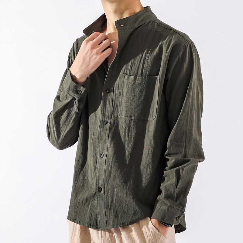 Mens Shirts Summer Cotton Linen Solid Loose Turn Down Collar Long Sleeve  Male Top Khaki L 