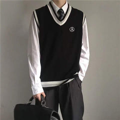 Bonsir Autumn College Style Sweater Vest Male Student Coats Korean Trend Knitting Sleeveless V-Neck 3 Color Pullover Unisex Clothes