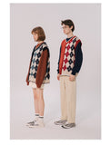 Bonsir Japanese Loose Couple Patchwork Argyle Sweater Vest Men's New Autumn Fashion Harajuku Letter Embroidery Man Pullover Vest