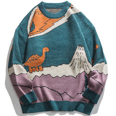 Bonsir Harajuku Cartoon Little Dinosaur Knitted Sweater Winter Sweater Men Women Vintage Sweater Pullover Casual Streetwear