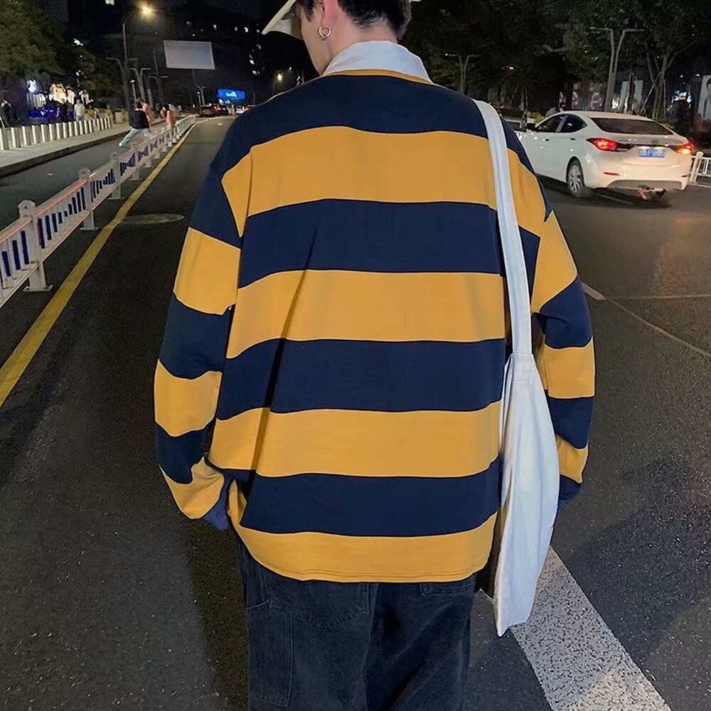 Bonsir Spring Autumn Men Striped Lapel T-shirt Trend Polo Collar Loose Long-sleeved Tshirts Ins All-match Pullover Tees British Gentle