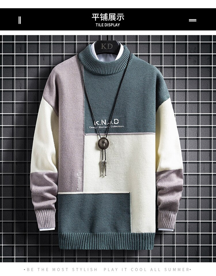 Bonsir New Winter Warm Sweater Men Patchwork Color Block Pullover Fashion Korean Slim Fit Sweaters Tops Knitted Men's Christmas Jumper