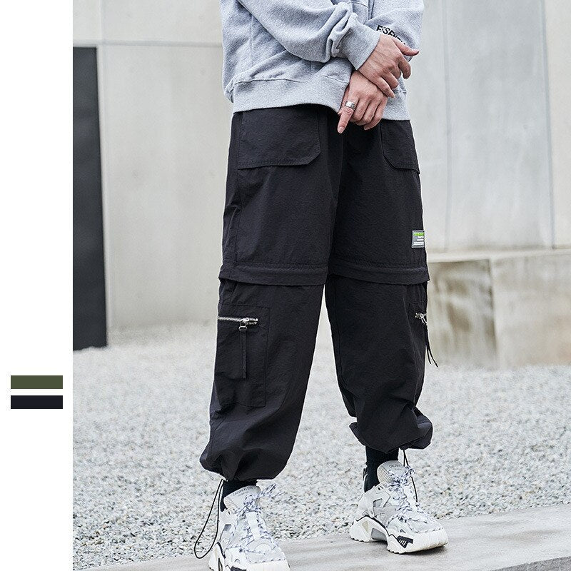 Bonsir Casual Pants Men's  Spring Trousers Japanese Loose Straight Out of Leg Cuff Functional Cargo Pants Zipper Unloading Shorts