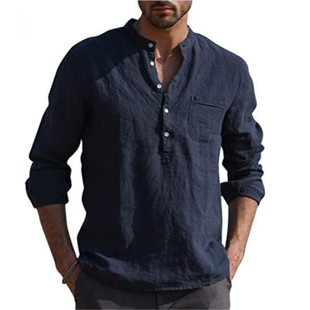 Bonsir Cotton Linen Hot Sale Men's Long-Sleeved Shirts Summer Solid Color  Stand-Up Collar Casual Beach Style Plus Size