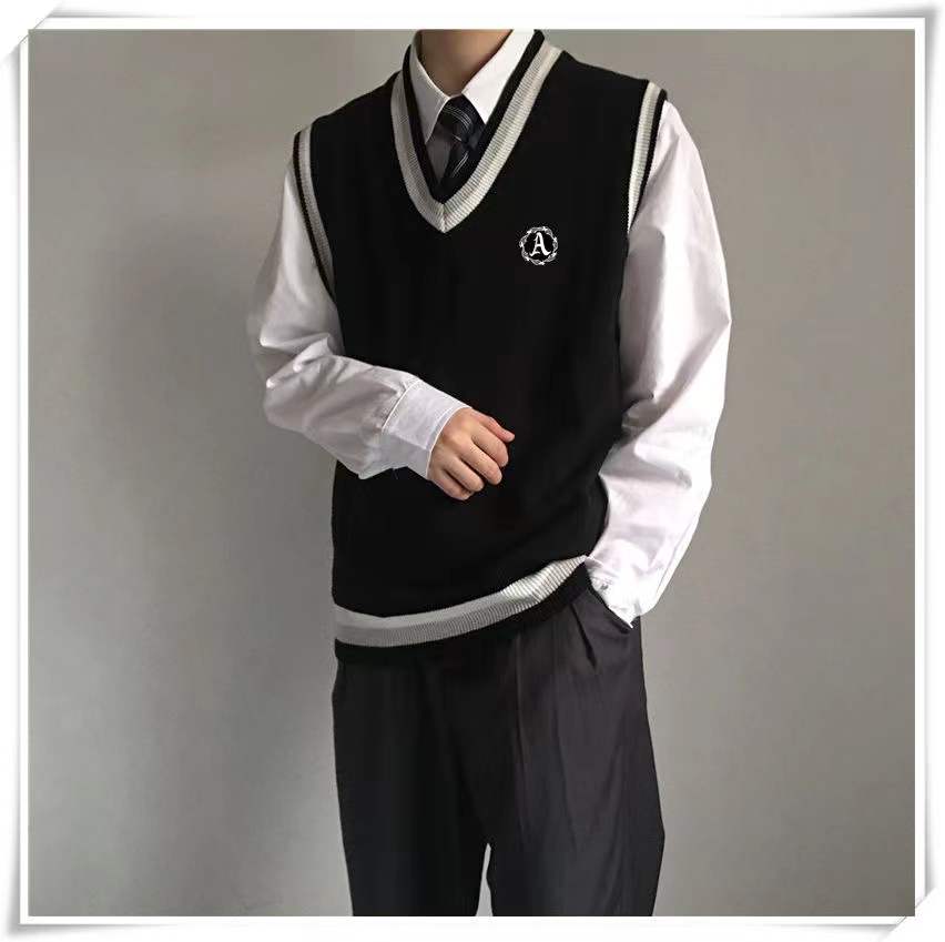 Bonsir Autumn College Style Sweater Vest Male Student Coats Korean Trend Knitting Sleeveless V-Neck 3 Color Pullover Unisex Clothes