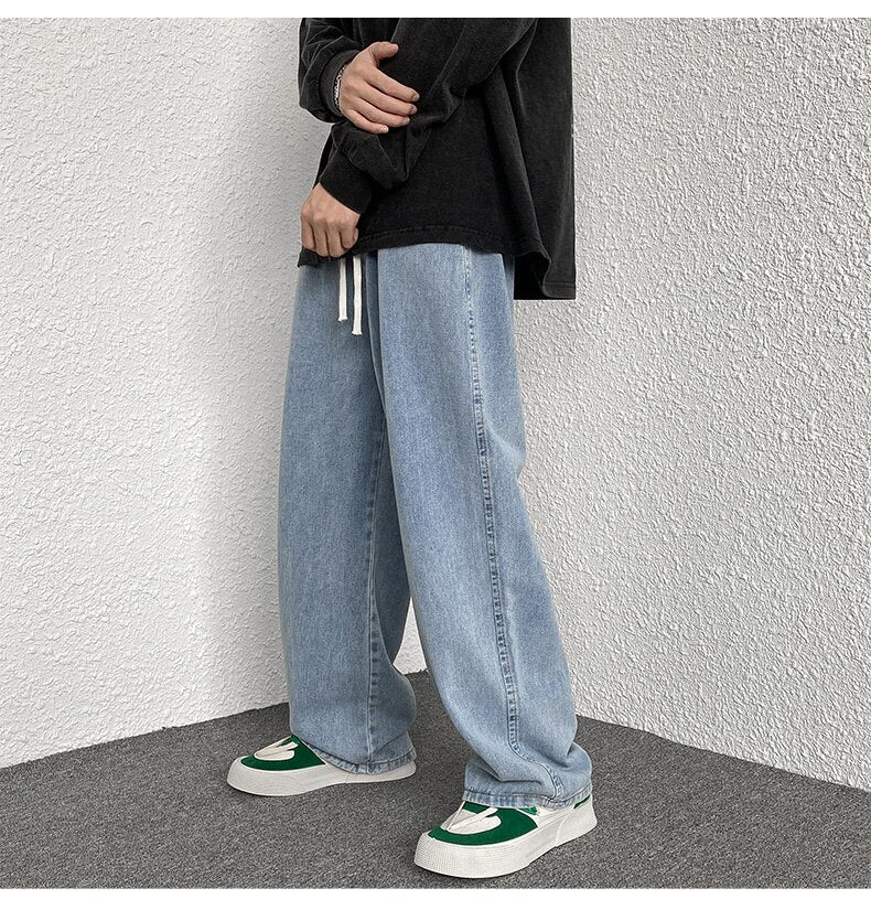 Bonsir Korean Fashion Men Wide Leg Jeans Spring Autumn New Streetwear Straight Baggy Denim Pants Male Elastic Waist Trousers 5XL-M