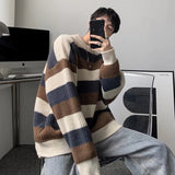 Bonsir Autumn Winter New Hong Kong Contrast Color Striped Round Neck Sweater Men's Loose Couple Bottoming Knit Sweater Soft Pullovers
