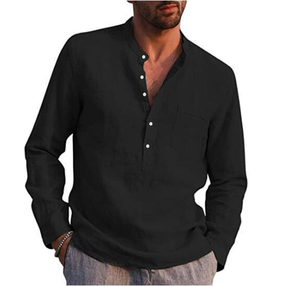 Bonsir Cotton Linen Hot Sale Men's Long-Sleeved Shirts Summer Solid Color  Stand-Up Collar Casual Beach Style Plus Size