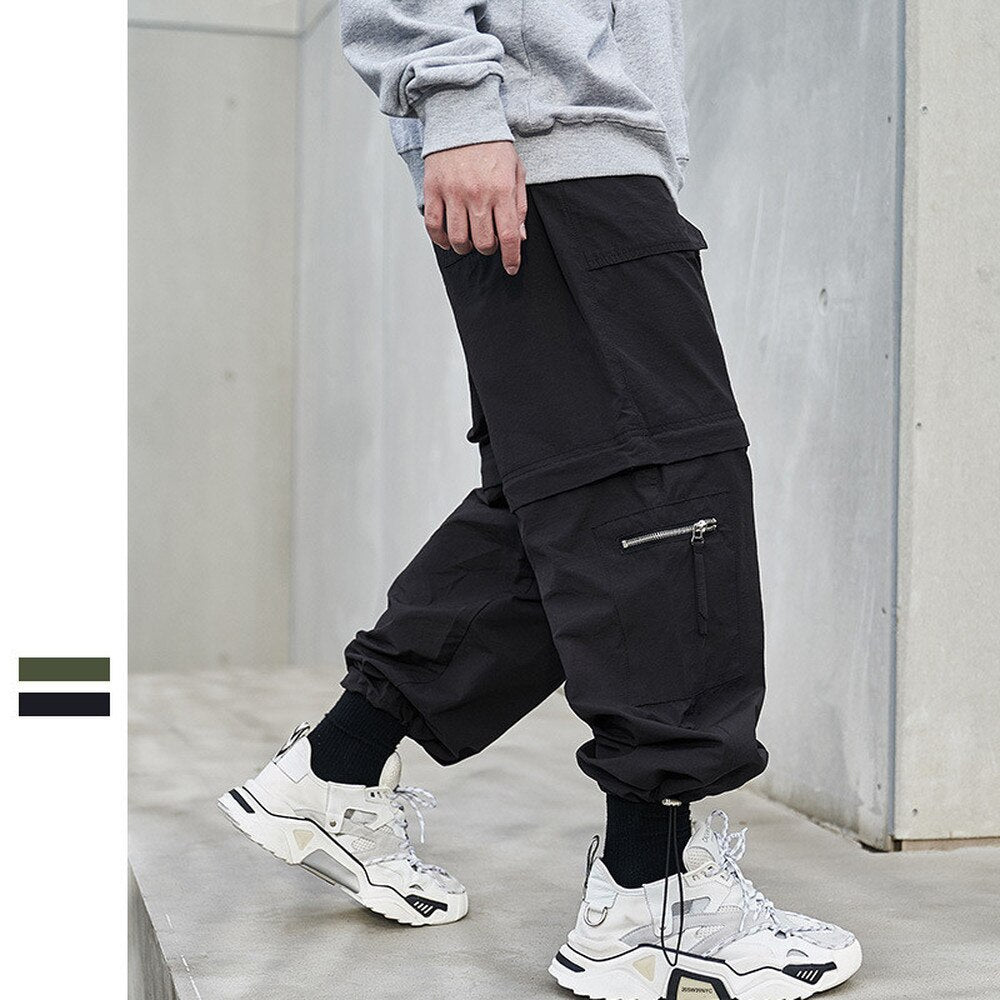 Bonsir Casual Pants Men's  Spring Trousers Japanese Loose Straight Out of Leg Cuff Functional Cargo Pants Zipper Unloading Shorts