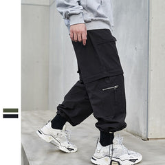 Bonsir Casual Pants Men's  Spring Trousers Japanese Loose Straight Out of Leg Cuff Functional Cargo Pants Zipper Unloading Shorts