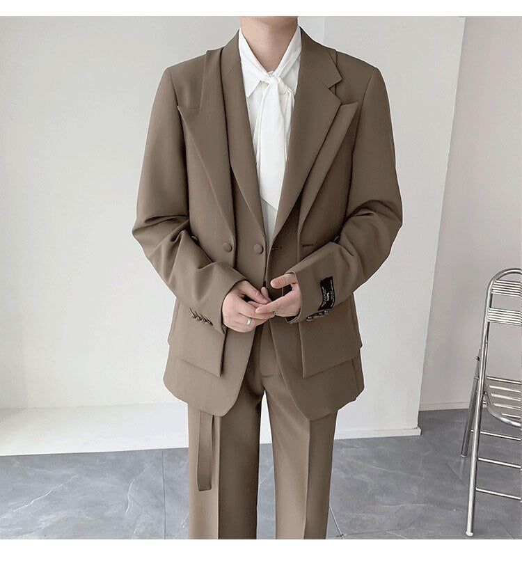 Bonsir Double Collar Design Suits Sets Men Fashion Show Korean Office Business Casual Suits Blazer Jacket Pant Streetwear Suits Man