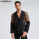 Bonsir Men Blazer Mesh Patchwork See Through Streetwear Double Breasted Lapel Long Sleeve Outerwear Fashion Men Casual Suits INCERUN
