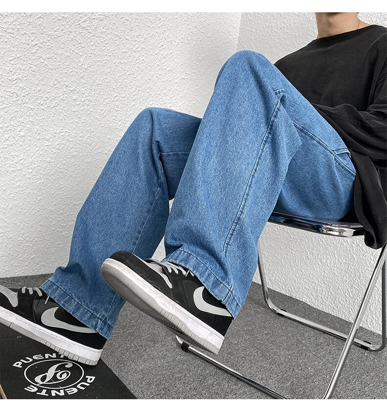 Bonsir Korean Fashion Men Wide Leg Jeans Spring Autumn New Streetwear Straight Baggy Denim Pants Male Elastic Waist Trousers 5XL-M