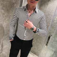 Bonsir  Autumn Long Sleeve Stripe Shirt Men Casual Slim Fit Dress Shirts Streetwear Social Night Club Work Shirt Chemise Homme