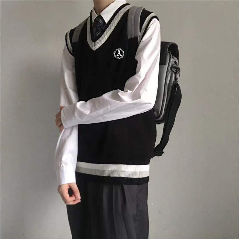 Bonsir Autumn College Style Sweater Vest Male Student Coats Korean Trend Knitting Sleeveless V-Neck 3 Color Pullover Unisex Clothes