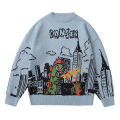 Bonsir Cartoon Youth Sweater Cute Fighting Dinosaurs Printing Autumn Winter Warm Comfortable Round Neck Pullovers Men Knitwear Coats