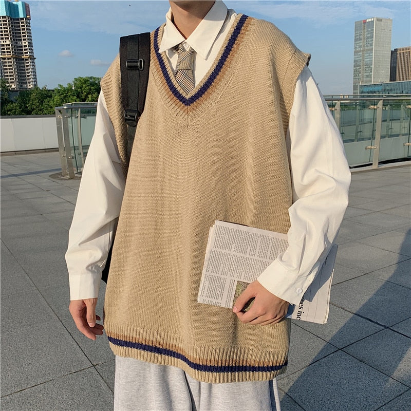 Bonsir Korean Clothes Sleeveless V-neck Knitted Vest Sweater Male Harajuku Khaki Japanese Couple Vintage Pullover Sweater for Men