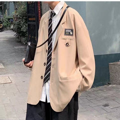 Bonsir Men's Streetwear Suit Jackets Casual Fashion Single Western-style Clothes Blazers Khaki/black Color Coats Plus Size S-3XL