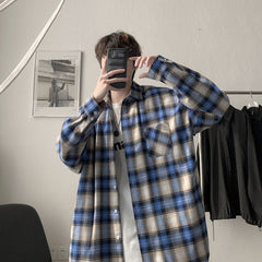 Bonsir  Spring And Autumn Plaid Shirt Men's Fashion Retro Casual Shirt Men Streetwear Korean Loose Long-sleeved Shirts Mens M-XL