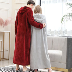 Bonsir Men Winter Plus Size Long Warm Coral Fleece Bathrobe Hooded Cozy Flannel Zipper Bath Robe Night Dressing Gown Women Sleepwear