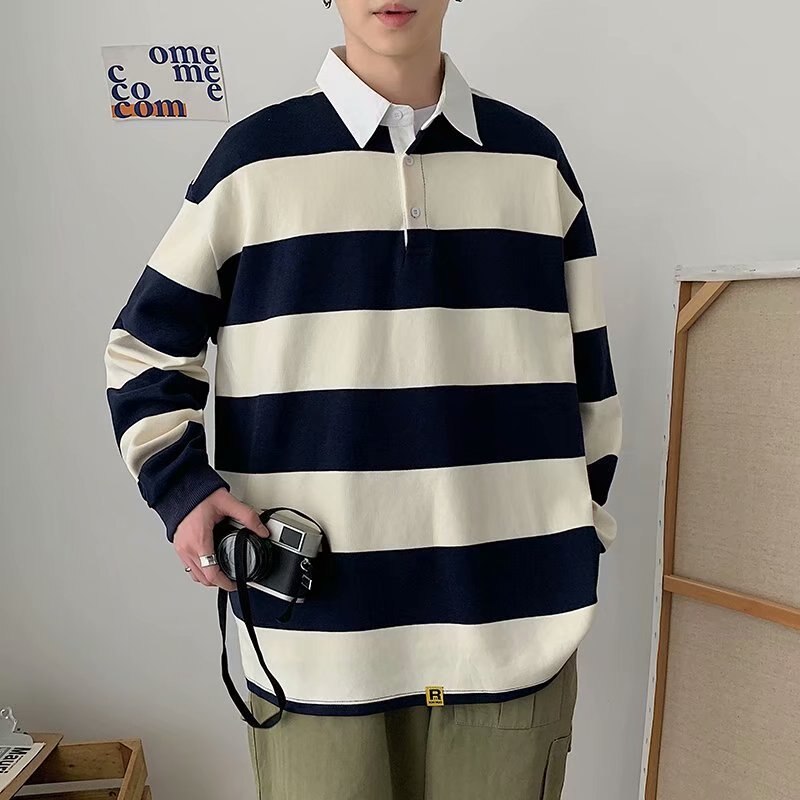 Bonsir Spring Autumn Men Striped Lapel T-shirt Trend Polo Collar Loose Long-sleeved Tshirts Ins All-match Pullover Tees British Gentle