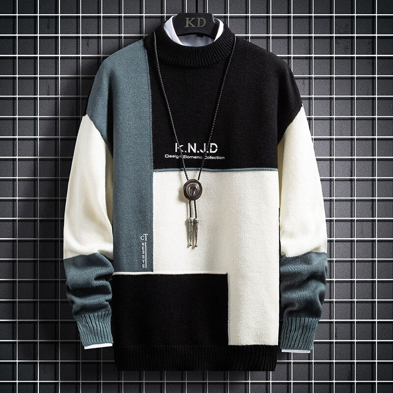 Bonsir New Winter Warm Sweater Men Patchwork Color Block Pullover Fashion Korean Slim Fit Sweaters Tops Knitted Men's Christmas Jumper