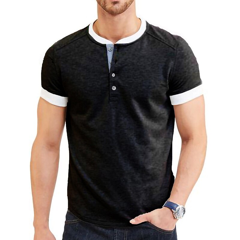 Bonsir Summer Men T-Shirt Henry Collar Cotton Fashion Youth Slim Fit Daily Short Sleeve Sport Golf Casual Color Patchwork Tees