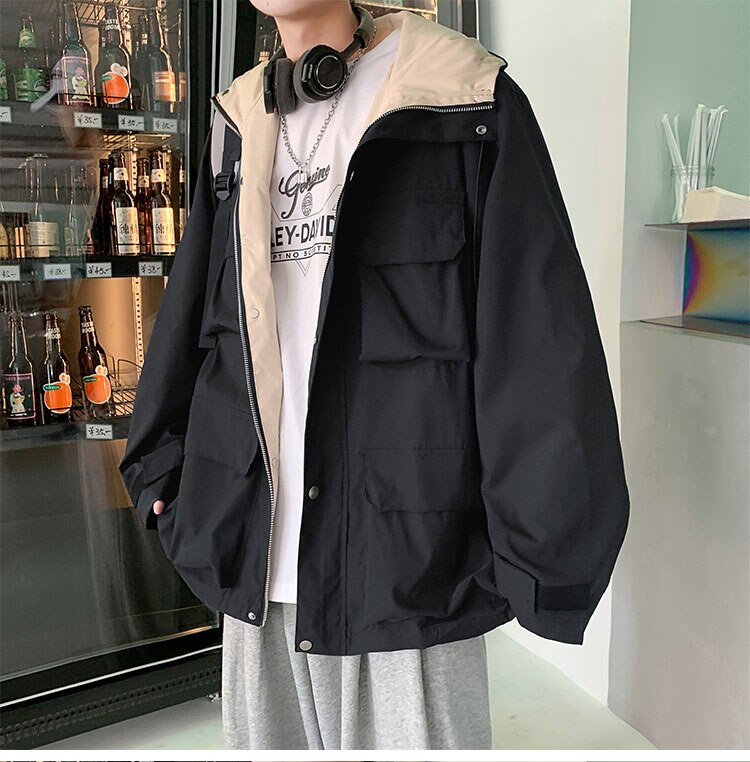 Bonsir Japan Style Muti-pockets Casual Jackets Autumn New Solid Color Cargo Jacket Men Top Quality Streetwear Jacket Oversized 3XL-M