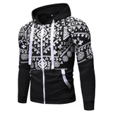 Bonsir Men's Fleece Jacket Ethnic Printed Zip Up Hoodie New Fashion Casual Hooded Jacket Coat For Man Black Hoodie Sweatshirt Male