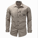 Bonsir Men's Long Sleeve Shirt Lapel Zipper Shirt Cotton Army Outdoor Casual Large Size Army Green Embroidery Shirt Male