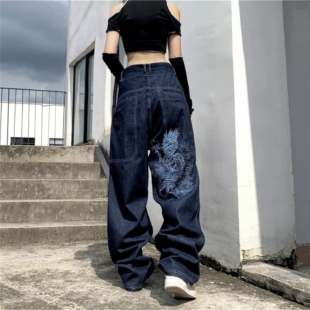 Bonsir American street clothing retro trend pocket jeans female letter star print high waist casual oversized straight pants women