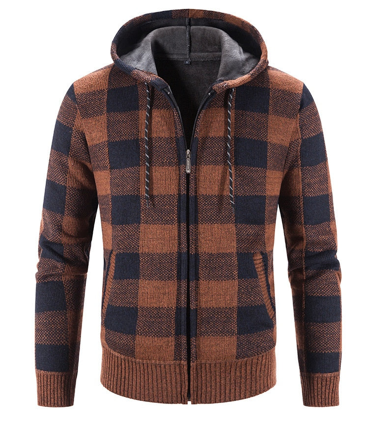 Bonsir Men's Hooded Plaid Printed Long Sleeve Sweater Autumn Winter Plush Large Casual Cardigan Coat