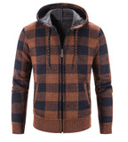Bonsir Men's Hooded Plaid Printed Long Sleeve Sweater Autumn Winter Plush Large Casual Cardigan Coat