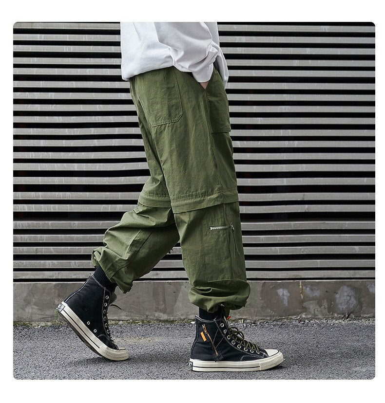 Bonsir Casual Pants Men's  Spring Trousers Japanese Loose Straight Out of Leg Cuff Functional Cargo Pants Zipper Unloading Shorts