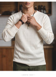 Bonsir  Fit Long-sleeved Pullover T-shirts Men Waffle Cotton Henry T-shirt Sweater Tee Man Clothing Regularly （White ）