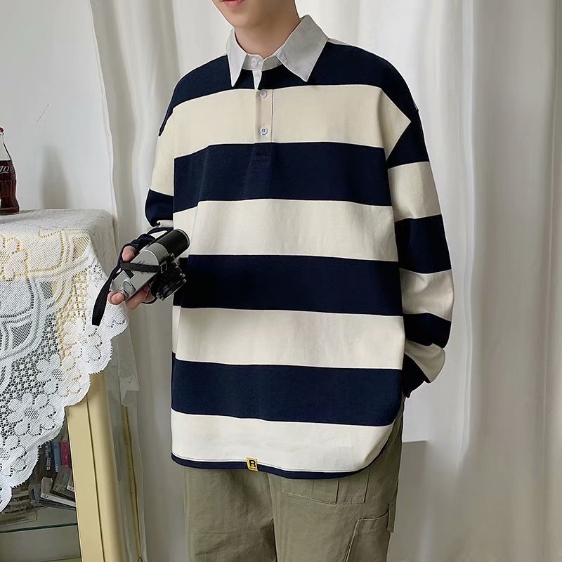 Bonsir Spring Autumn Men Striped Lapel T-shirt Trend Polo Collar Loose Long-sleeved Tshirts Ins All-match Pullover Tees British Gentle