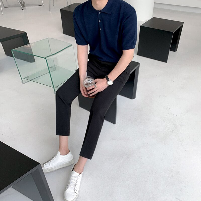 Bonsir Lapel Solid Short-sleeved Loose T-shirt Men's Korea Oversized Button T-shirt Men Casual Simple Basic T-shirts Men Summer