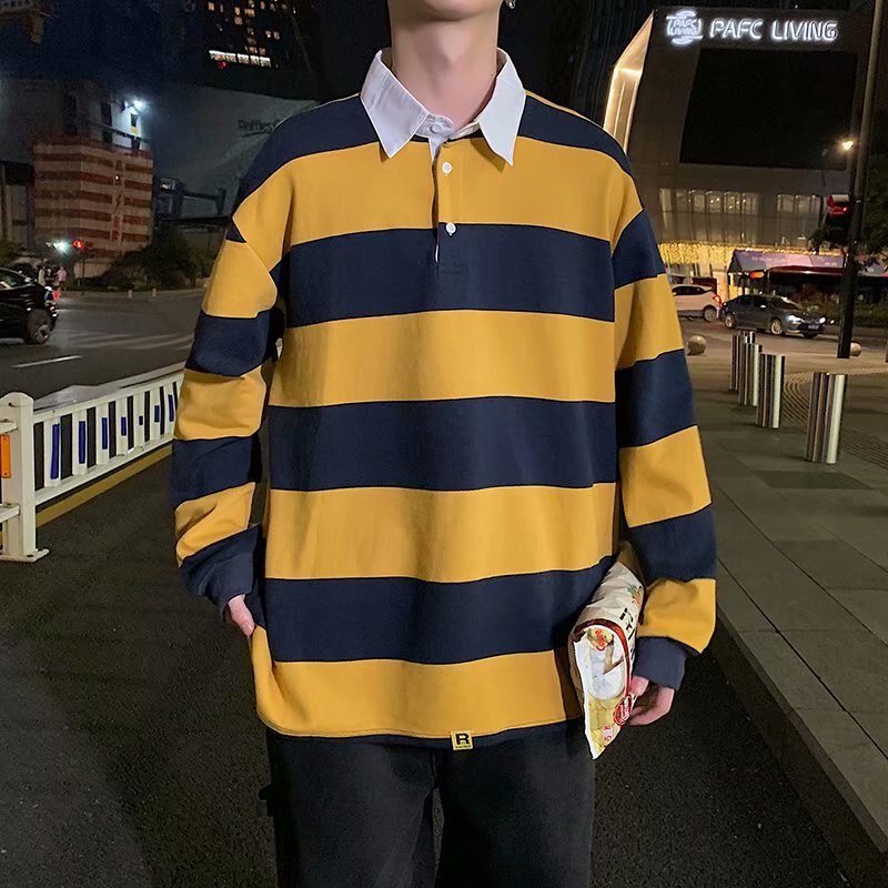 Bonsir Spring Autumn Men Striped Lapel T-shirt Trend Polo Collar Loose Long-sleeved Tshirts Ins All-match Pullover Tees British Gentle