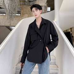 Bonsir Korean Style Men's Solid Color Long Sleeve Ribbon Shirts White/black Irregular Shirts Camisa Masculina Streetwear Clothes