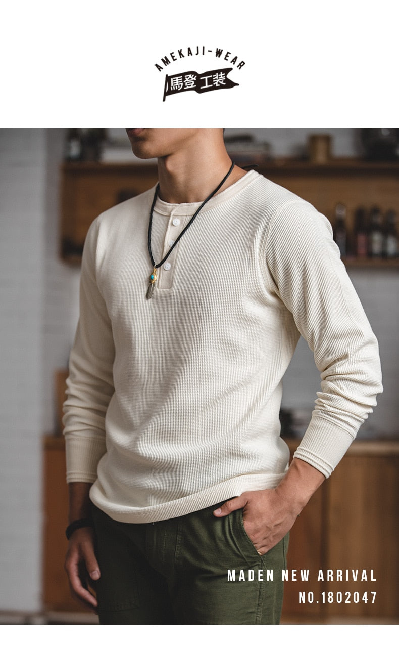 Bonsir  Fit Long-sleeved Pullover T-shirts Men Waffle Cotton Henry T-shirt Sweater Tee Man Clothing Regularly （White ）