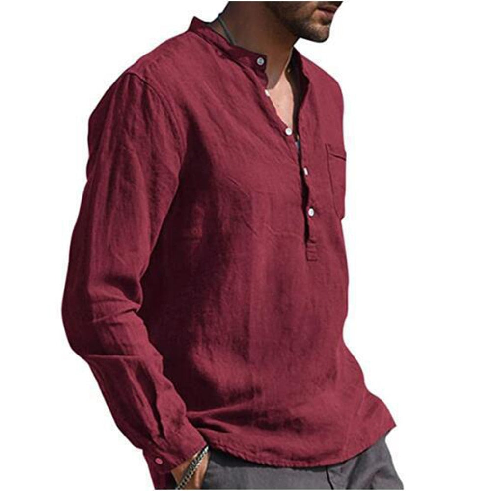 Bonsir Cotton Linen Hot Sale Men's Long-Sleeved Shirts Summer Solid Color  Stand-Up Collar Casual Beach Style Plus Size