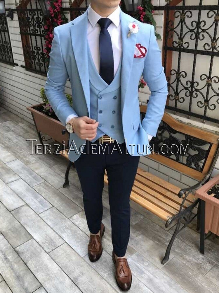 Bonsir Brand New Men Suits Baby Blue Groom Tuxedos Peak Lapel Groomsmen Wedding Best Man 3 Pieces ( Jacket+Pants+Vest+Tie ) C913