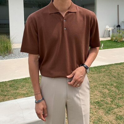 Bonsir Lapel Solid Short-sleeved Loose T-shirt Men's Korea Oversized Button T-shirt Men Casual Simple Basic T-shirts Men Summer