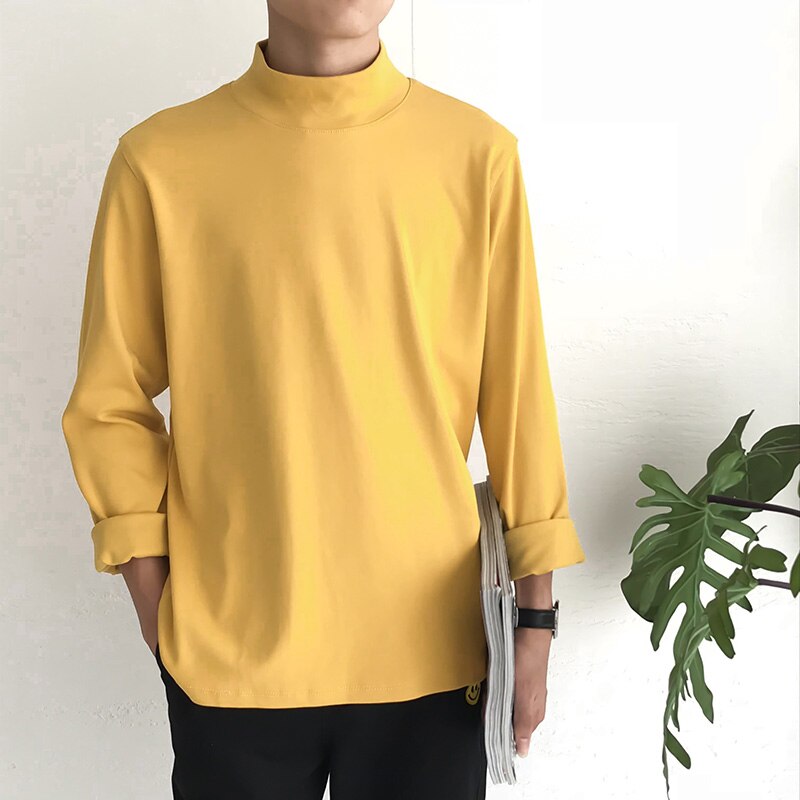 Bonsir Autumn New Korean Slim Fit Mens T Shirts O-Neck Long Sleeve Cotton Tops Tees Black White Gray Yellow